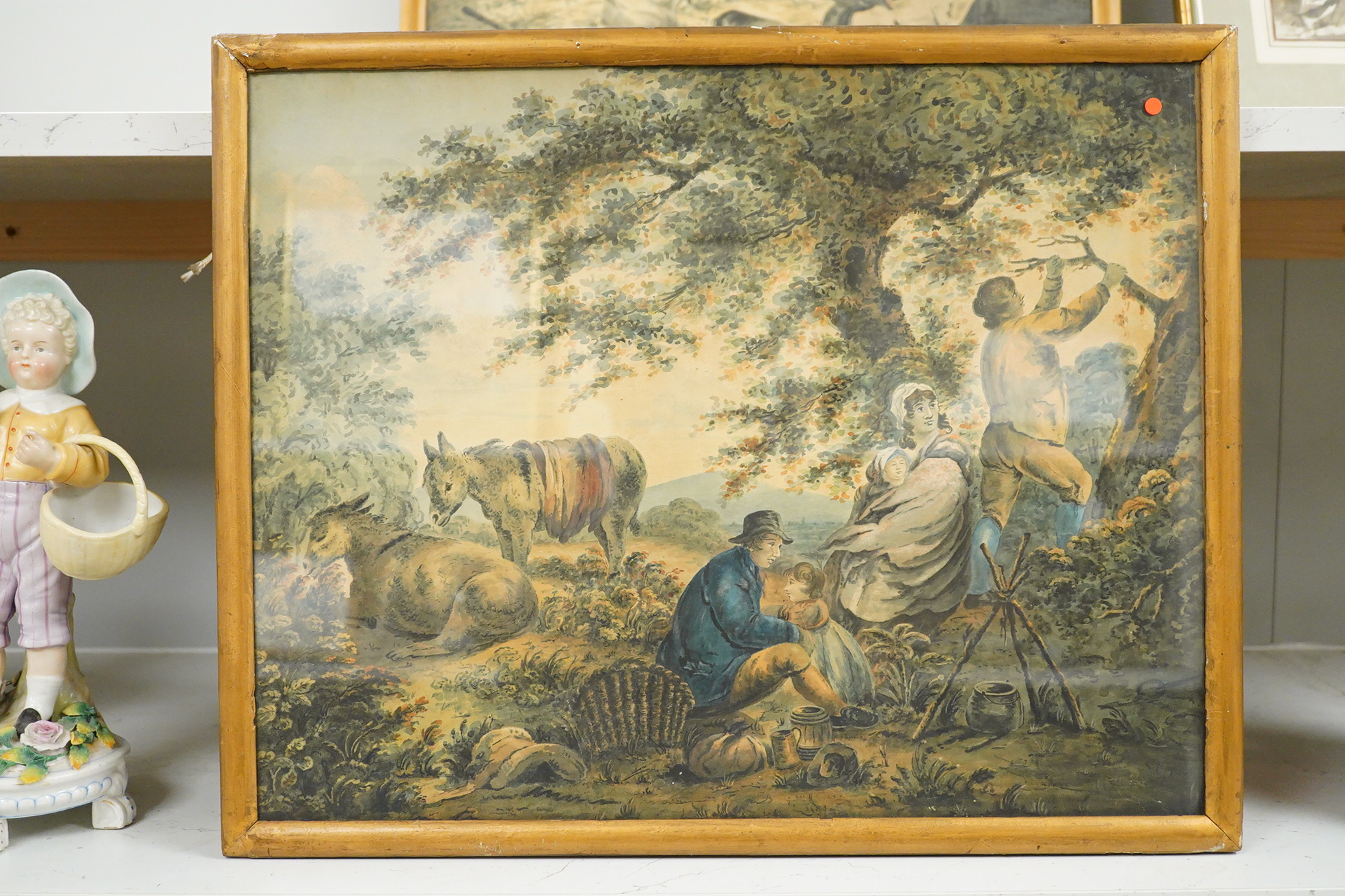 Early 19th century, English School, Angler fishing, Figure seated in woodland and Figures beside a pig sty, set of three watercolours, each 37 x 46cm